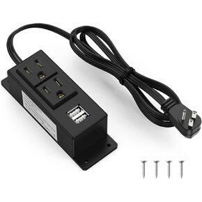Kungfuking Surge Protector Power Strip Flat Plug Desk Power Grommet Conference Wall Mount USB Outlet Power Socket 2-Socket & 2-USB Ports 6.56 FT Extension Cord (Black)