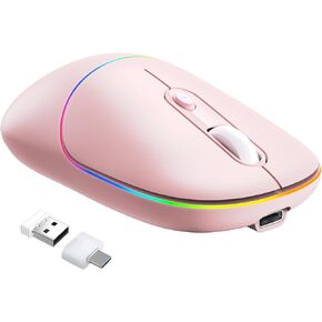 ماوس لاسلكي RAPIQUE LED، ماوس كمبيوتر صامت RGB قابل لإعادة الشحن مع جهاز استقبال USB ومحول من النوع C، ماوس مكتبي محمول نحيف 2.4G لاسلكي للكمبيوتر المحمول، الكمبيوتر الشخصي، ChromeBook، الكمبيوتر اللوحي، Mac (وردي) in Kuwait