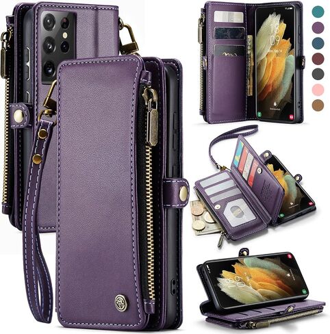 حافظة Defencase لهاتف Samsung Galaxy S21 Ultra، حافظة محفظة لهاتف Samsung S21 Ultra للنساء والرجال، حافظة هاتف متينة من جلد البولي يوريثان بحزام مغناطيسي وسحاب وحامل بطاقات لهاتف Galaxy S21 Ultra، وردي وردي in Saudi Arabia