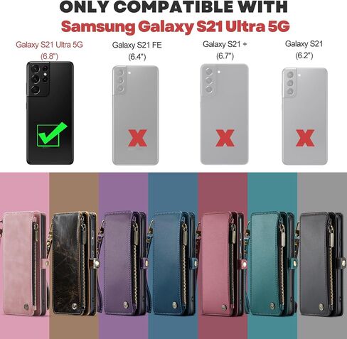 حافظة Defencase لهاتف Samsung Galaxy S21 Ultra، حافظة محفظة لهاتف Samsung S21 Ultra للنساء والرجال، حافظة هاتف متينة من جلد البولي يوريثان بحزام مغناطيسي وسحاب وحامل بطاقات لهاتف Galaxy S21 Ultra، وردي وردي in Saudi Arabia