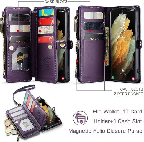 حافظة Defencase لهاتف Samsung Galaxy S21 Ultra، حافظة محفظة لهاتف Samsung S21 Ultra للنساء والرجال، حافظة هاتف متينة من جلد البولي يوريثان بحزام مغناطيسي وسحاب وحامل بطاقات لهاتف Galaxy S21 Ultra، وردي وردي in Saudi Arabia