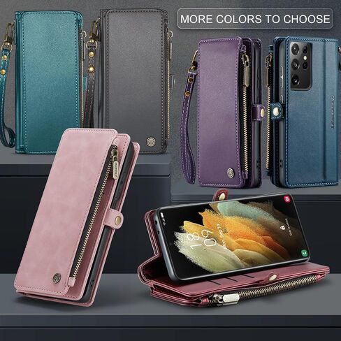 حافظة Defencase لهاتف Samsung Galaxy S21 Ultra، حافظة محفظة لهاتف Samsung S21 Ultra للنساء والرجال، حافظة هاتف متينة من جلد البولي يوريثان بحزام مغناطيسي وسحاب وحامل بطاقات لهاتف Galaxy S21 Ultra، وردي وردي in Saudi Arabia
