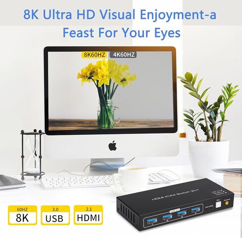 【8K 60HZ】USB 3.0 KVM Switch HDMI 2 Computers Switcher Selector HDMI 2 Input 1 Output HUB Switcher Switching Keyboard Mouse USB HDD Shared USB B 2 Input 4 Output Manual Switching in Kuwait
