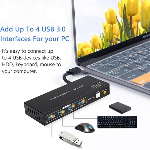 【8K 60HZ】USB 3.0 KVM Switch HDMI 2 Computers Switcher Selector HDMI 2 Input 1 Output HUB Switcher Switching Keyboard Mouse USB HDD Shared USB B 2 Input 4 Output Manual Switching in Kuwait