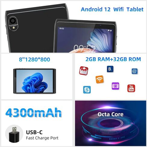 Android Tablet 8 inch, Android 12.0 Tablet 32GB Storage 1024GB SD Expansion Tablets PC, Quad-core Processor 2GB RAM 1280x800 IPS HD Touchscreen Dual Camera Tablets, Support WiFi6, BT 4300 mAh Battery in Saudi Arabia