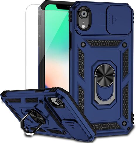 حافظة لهاتف iPhone XR مع غطاء عدسة الكاميرا وواقي شاشة HD، طبقة مزدوجة [حماية من السقوط من الدرجة العسكرية بطول 15 قدمًا] حافظة هاتف واقية بمسند وحلقة مغناطيسية لهاتف iPhone XR 6.1 بوصة (أزرق داكن) in Kuwait