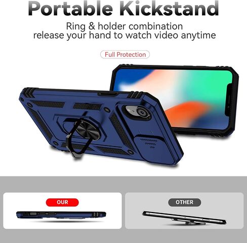 حافظة لهاتف iPhone XR مع غطاء عدسة الكاميرا وواقي شاشة HD، طبقة مزدوجة [حماية من السقوط من الدرجة العسكرية بطول 15 قدمًا] حافظة هاتف واقية بمسند وحلقة مغناطيسية لهاتف iPhone XR 6.1 بوصة (أزرق داكن) in Kuwait