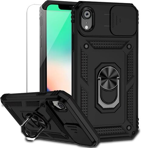 for iPhone XR Case with Camera Lens Cover HD Screen Protector, Dual Layer [15 FT Military Grade Drop Protection] Magnetic Ring Holder Kickstand Protective Phone Case for iPhone XR 6.1 inch (Navy Blue) in Kuwait