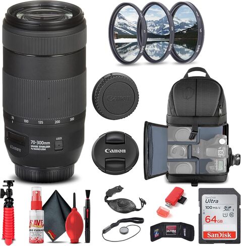 Canon EF 70-300mm f/4-5.6 is II USM Lens (0571C002) + Filter Kit + Backpack + 64GB Card + Card Reader + Flex Tripod + Memory Wallet + Cap Keeper + Cleaning Kit + Hand Strap + More (Renewed) in Saudi Arabia