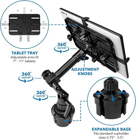 Mount-It! Premium Cup Holder Tablet Mount Fits Vehicle Cupholders 2.75"–3.5" in Diameter, Adjustable Tray for 7"–11" Tablets, Heavy-Duty Aluminum Arm, Full Motion Swivel & Secure Lock Cars Trucks SUVs in Kuwait