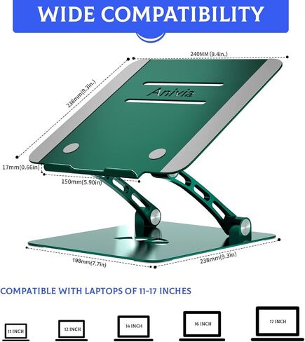 حامل كمبيوتر محمول Younux، حامل كمبيوتر محمول قابل للتعديل ومضاد للانزلاق للمكتب، حامل كمبيوتر محمول مع فتحة تهوية للحرارة، متوافق مع كمبيوتر محمول مقاس 10 بوصة - 17 بوصة (أخضر داكن) in Kuwait