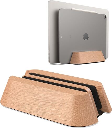 KUSOVILI Dual-Slot Vertical Laptop Stand - Adjustable Handmade Solid Wood Dock for 2 Devices up to 17.3 inch, Compatible with MacBook/Surface/Samsung/HP/Dell/Chrome Book (Oak) in Kuwait