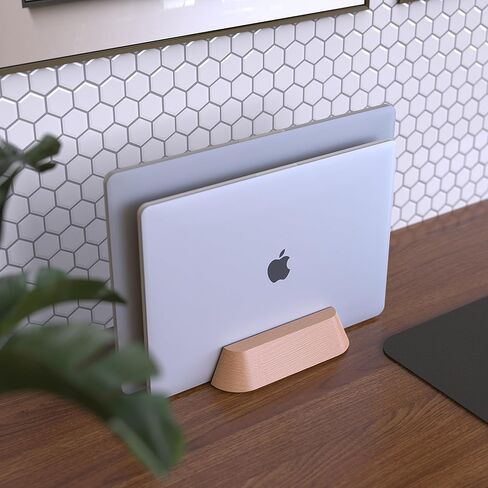 KUSOVILI Dual-Slot Vertical Laptop Stand - Adjustable Handmade Solid Wood Dock for 2 Devices up to 17.3 inch, Compatible with MacBook/Surface/Samsung/HP/Dell/Chrome Book (Oak) in Kuwait