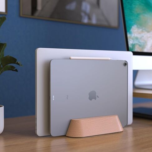 KUSOVILI Dual-Slot Vertical Laptop Stand - Adjustable Handmade Solid Wood Dock for 2 Devices up to 17.3 inch, Compatible with MacBook/Surface/Samsung/HP/Dell/Chrome Book (Oak) in Kuwait