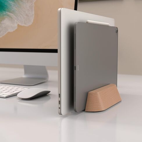 KUSOVILI Dual-Slot Vertical Laptop Stand - Adjustable Handmade Solid Wood Dock for 2 Devices up to 17.3 inch, Compatible with MacBook/Surface/Samsung/HP/Dell/Chrome Book (Oak) in Kuwait