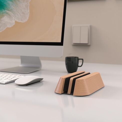 KUSOVILI Dual-Slot Vertical Laptop Stand - Adjustable Handmade Solid Wood Dock for 2 Devices up to 17.3 inch, Compatible with MacBook/Surface/Samsung/HP/Dell/Chrome Book (Oak) in Kuwait