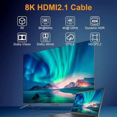 كابلات VEECOH 8K HDMI بطول 25FT/8M 2.1، HDR 48 جيجابت في الثانية 8K@60 هرتز 4K@120 هرتز، سلك hdmi، eARC، ARC، CEC، HDCP 2.2، متوافق مع PS5 PS4/Xbox One/HDTV/Blu-ray in Kuwait