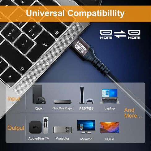 كابلات VEECOH 8K HDMI بطول 25FT/8M 2.1، HDR 48 جيجابت في الثانية 8K@60 هرتز 4K@120 هرتز، سلك hdmi، eARC، ARC، CEC، HDCP 2.2، متوافق مع PS5 PS4/Xbox One/HDTV/Blu-ray in Kuwait