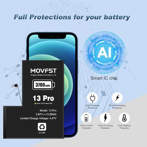 بطارية بديلة MOVFST لهاتف iPhone 13 Pro، بطارية ليثيوم أيون بوليمر بقدرة 3500 مللي أمبير في الساعة مناسبة لهاتف iPhone 13 Pro موديل A2640 A2639 A2638 A2636 A2483 مع مجموعات أدوات الإصلاح in Kuwait