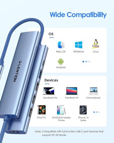 محول LENTION USB C Hub متعدد المنافذ مع شحن PD بقوة 100 وات، HDMI 4K، 4 منافذ بيانات USB-A، محور من النوع C لجهاز MacBook Pro 2023-2016، New Mac Air/Surface، Chromebook، iPhone 15 Pro/Pro Max (CH17، رمادي فضائي) ) in Saudi Arabia