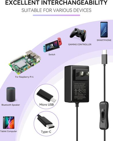 Smraza 5V 4A 20W مزود طاقة متوافق مع Raspberry Pi 4 Model B 8GB 4GB 2GB 1GB، مصدر طاقة من النوع C مع مفتاح تشغيل/إيقاف ومحول USB صغير لـ Raspberry Pi 3 B+ 3B in Kuwait