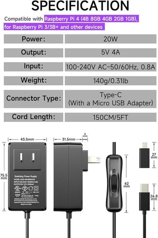 Smraza 5V 4A 20W مزود طاقة متوافق مع Raspberry Pi 4 Model B 8GB 4GB 2GB 1GB، مصدر طاقة من النوع C مع مفتاح تشغيل/إيقاف ومحول USB صغير لـ Raspberry Pi 3 B+ 3B in Kuwait