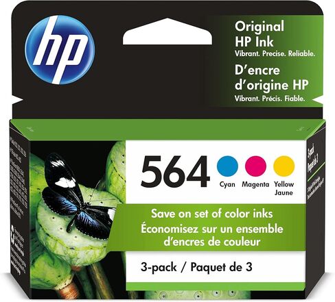 حبر اصلي HP 564 ازرق سيان وارجواني واصفر (3 عبوات) | يعمل مع ديسك جيت 3500؛ اوفيس جيت 4620؛ فوتوسمارت B8550، C6300، D5400، D7560، 5500، 6510، 6520، 7500، بلس، بريميوم، سلسلة اي ستيشن | N9H57FN in Kuwait