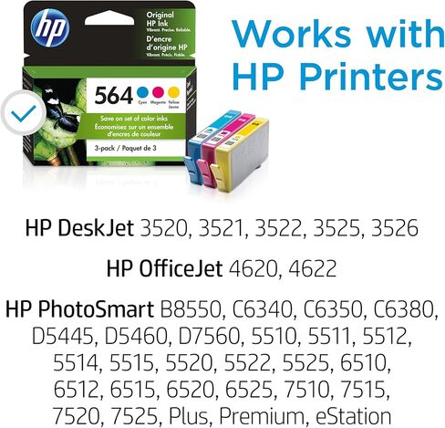 حبر اصلي HP 564 ازرق سيان وارجواني واصفر (3 عبوات) | يعمل مع ديسك جيت 3500؛ اوفيس جيت 4620؛ فوتوسمارت B8550، C6300، D5400، D7560، 5500، 6510، 6520، 7500، بلس، بريميوم، سلسلة اي ستيشن | N9H57FN in Kuwait