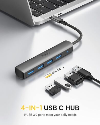 محول USB C إلى USB 4 مداخل، SAILLIN ألومنيوم من النوع C إلى USB مع 4 منافذ USB 3.0 ، منفذ Thunderbolt 3 إلى USB 3.0 متعدد المنافذ متوافق مع MacBook Pro/Air، iPad Pro, XPS، Chromebook والمزيد in Kuwait