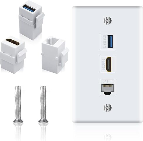 لوحة حائط Poyiccot Keystone 6 منافذ لمنفذ Ethernet HDMI USB، 2x HDMI + 2x Cat6 RJ45 Ethernet + 2x USB 3.0 نوع أنثى إلى أنثى لوحة وجه كيستون لغطاء لوحة الحائط للكابل، أبيض in Saudi Arabia