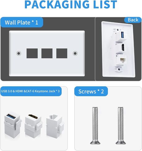 لوحة حائط Poyiccot Keystone 6 منافذ لمنفذ Ethernet HDMI USB، 2x HDMI + 2x Cat6 RJ45 Ethernet + 2x USB 3.0 نوع أنثى إلى أنثى لوحة وجه كيستون لغطاء لوحة الحائط للكابل، أبيض in Saudi Arabia