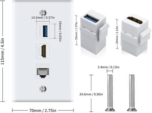 لوحة حائط Poyiccot Keystone 6 منافذ لمنفذ Ethernet HDMI USB، 2x HDMI + 2x Cat6 RJ45 Ethernet + 2x USB 3.0 نوع أنثى إلى أنثى لوحة وجه كيستون لغطاء لوحة الحائط للكابل، أبيض in Saudi Arabia