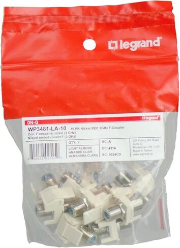 Legrand - إدراج محوري Keystone Recessed OnQ، موصل F Keystone، وصلة Keystone F-81 بسرعة 3 جيجا هرتز، نيكل، أبيض، 5 عبوات، F3481WHV5 in Saudi Arabia
