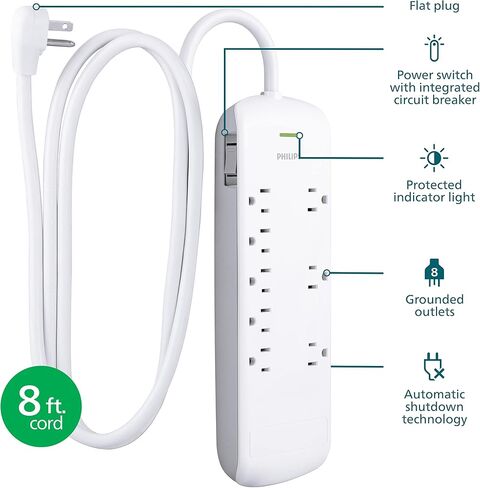 Philips 8 Outlet Power Strip Surge Protector, 8ft Extra-Long Power Cord, Flat Plug, Wall Mount, 2160 Joules, ETL Listed, Circuit Breaker, Automatic Shutdown, White, SPP3086WB/37 in Kuwait