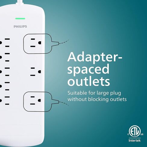 Philips 8 Outlet Power Strip Surge Protector, 8ft Extra-Long Power Cord, Flat Plug, Wall Mount, 2160 Joules, ETL Listed, Circuit Breaker, Automatic Shutdown, White, SPP3086WB/37 in Kuwait