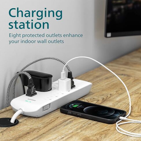 Philips 8 Outlet Power Strip Surge Protector, 8ft Extra-Long Power Cord, Flat Plug, Wall Mount, 2160 Joules, ETL Listed, Circuit Breaker, Automatic Shutdown, White, SPP3086WB/37 in Kuwait
