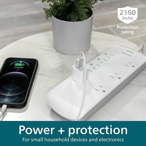 Philips 8 Outlet Power Strip Surge Protector, 8ft Extra-Long Power Cord, Flat Plug, Wall Mount, 2160 Joules, ETL Listed, Circuit Breaker, Automatic Shutdown, White, SPP3086WB/37 in Kuwait