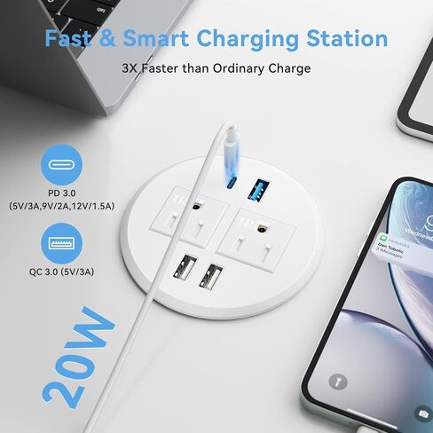 BTU Desktop Power Grommet with PD 20W Fast Charging USB C, Recessed Power Socket with 2 AC Outlets, Flush Mount Power Strip with 3 USB-A Ports, 6FT Extension Cord (Black) in Kuwait
