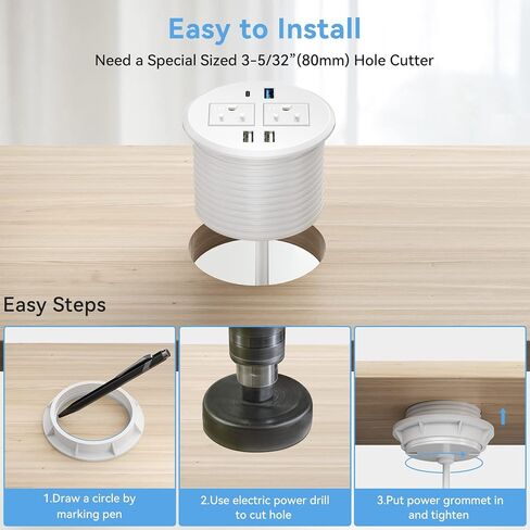 BTU Desktop Power Grommet with PD 20W Fast Charging USB C, Recessed Power Socket with 2 AC Outlets, Flush Mount Power Strip with 3 USB-A Ports, 6FT Extension Cord (Black) in Kuwait