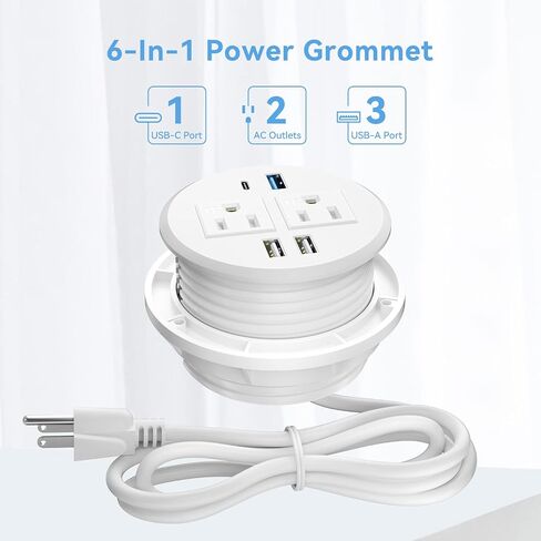 BTU Desktop Power Grommet with PD 20W Fast Charging USB C, Recessed Power Socket with 2 AC Outlets, Flush Mount Power Strip with 3 USB-A Ports, 6FT Extension Cord (Black) in Kuwait