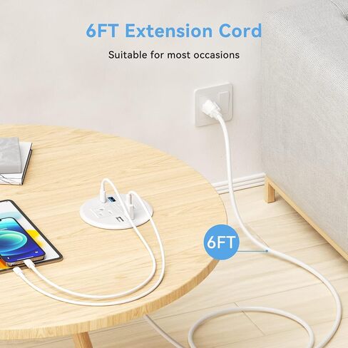 BTU Desktop Power Grommet with PD 20W Fast Charging USB C, Recessed Power Socket with 2 AC Outlets, Flush Mount Power Strip with 3 USB-A Ports, 6FT Extension Cord (Black) in Kuwait