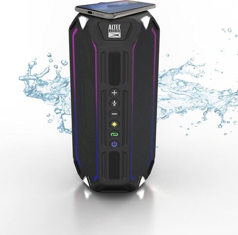مكبرات صوت بلوتوث Altec Lansing HydraBoom، مكبر صوت USB من النوع C قابل للشحن ومقاوم للماء وشاحن هاتف لاسلكي، مكبر صوت ستيريو مع أضواء LED، يطفو في الماء، وقت تشغيل 16 ساعة (أسود) in Kuwait