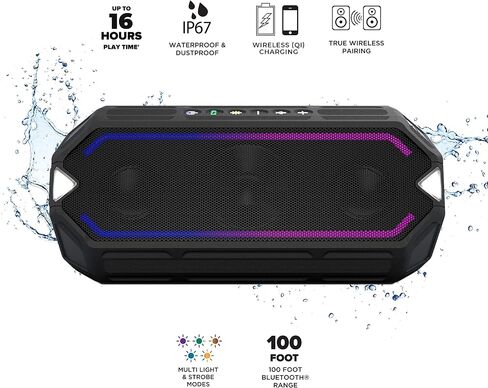 مكبرات صوت بلوتوث Altec Lansing HydraBoom، مكبر صوت USB من النوع C قابل للشحن ومقاوم للماء وشاحن هاتف لاسلكي، مكبر صوت ستيريو مع أضواء LED، يطفو في الماء، وقت تشغيل 16 ساعة (أسود) in Kuwait