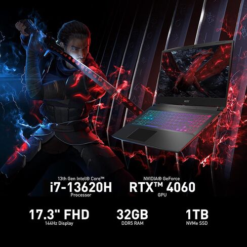 كمبيوتر محمول MSI Katana 17 للألعاب: الجيل الثالث عشر Intel Core i7، GeForce RTX 4060، شاشة 17.3 بوصة 144 هرتز FHD، 32 جيجابايت DDR5، 1 تيرابايت NVMe SSD، USB-Type C، Cooler Boost 5، Win11 Home: أسود B13VFK-835US in Kuwait