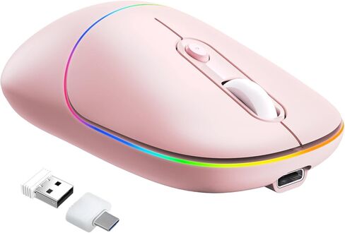 ماوس لاسلكي RAPIQUE LED، ماوس كمبيوتر صامت RGB قابل لإعادة الشحن مع جهاز استقبال USB ومحول من النوع C، ماوس مكتبي محمول نحيف 2.4G لاسلكي للكمبيوتر المحمول، الكمبيوتر الشخصي، ChromeBook، الكمبيوتر اللوحي، Mac (وردي) in Kuwait