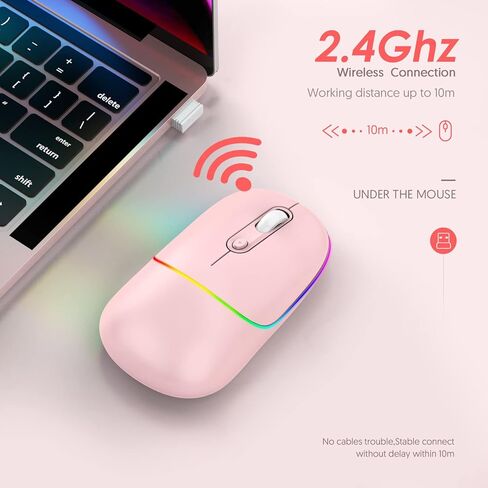 ماوس لاسلكي RAPIQUE LED، ماوس كمبيوتر صامت RGB قابل لإعادة الشحن مع جهاز استقبال USB ومحول من النوع C، ماوس مكتبي محمول نحيف 2.4G لاسلكي للكمبيوتر المحمول، الكمبيوتر الشخصي، ChromeBook، الكمبيوتر اللوحي، Mac (وردي) in Kuwait
