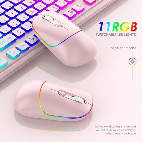 ماوس لاسلكي RAPIQUE LED، ماوس كمبيوتر صامت RGB قابل لإعادة الشحن مع جهاز استقبال USB ومحول من النوع C، ماوس مكتبي محمول نحيف 2.4G لاسلكي للكمبيوتر المحمول، الكمبيوتر الشخصي، ChromeBook، الكمبيوتر اللوحي، Mac (وردي) in Kuwait