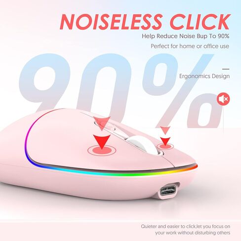 ماوس لاسلكي RAPIQUE LED، ماوس كمبيوتر صامت RGB قابل لإعادة الشحن مع جهاز استقبال USB ومحول من النوع C، ماوس مكتبي محمول نحيف 2.4G لاسلكي للكمبيوتر المحمول، الكمبيوتر الشخصي، ChromeBook، الكمبيوتر اللوحي، Mac (وردي) in Kuwait
