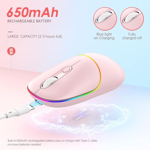 ماوس لاسلكي RAPIQUE LED، ماوس كمبيوتر صامت RGB قابل لإعادة الشحن مع جهاز استقبال USB ومحول من النوع C، ماوس مكتبي محمول نحيف 2.4G لاسلكي للكمبيوتر المحمول، الكمبيوتر الشخصي، ChromeBook، الكمبيوتر اللوحي، Mac (وردي) in Kuwait