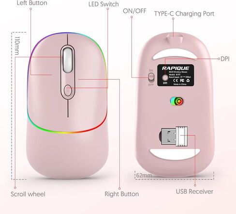 ماوس لاسلكي RAPIQUE LED، ماوس كمبيوتر صامت RGB قابل لإعادة الشحن مع جهاز استقبال USB ومحول من النوع C، ماوس مكتبي محمول نحيف 2.4G لاسلكي للكمبيوتر المحمول، الكمبيوتر الشخصي، ChromeBook، الكمبيوتر اللوحي، Mac (وردي) in Kuwait